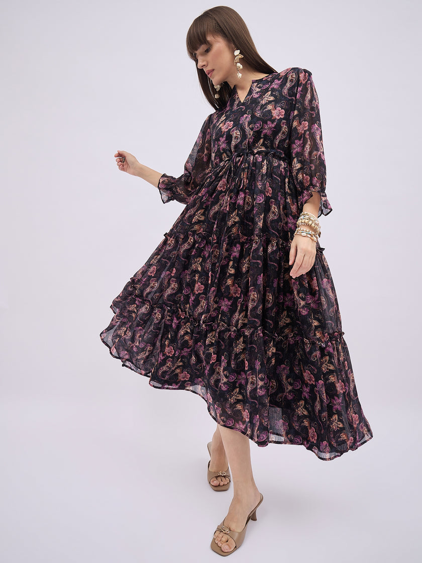 Multi Polyester Printed Fit and Flare Dress