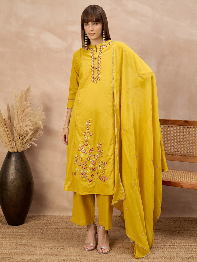 Yellow Pure Cotton Floral Embroidered With Buttons A-Line Kurta Trouser With Dupatta