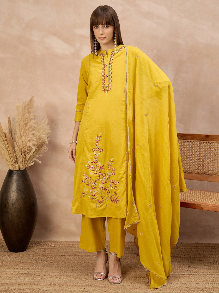 Yellow Pure Cotton Floral Embroidered With Buttons A-Line Kurta Trouser With Dupatta