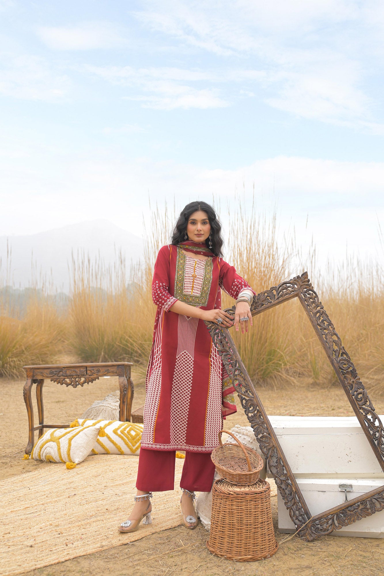 Red Pure Cotton Ajrakh Printed A-Line Kurta Trouser With Dupatta