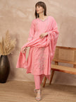 Pink Pure Cotton Floral Embroidered A-Line Kurta Trouser With Dupatta