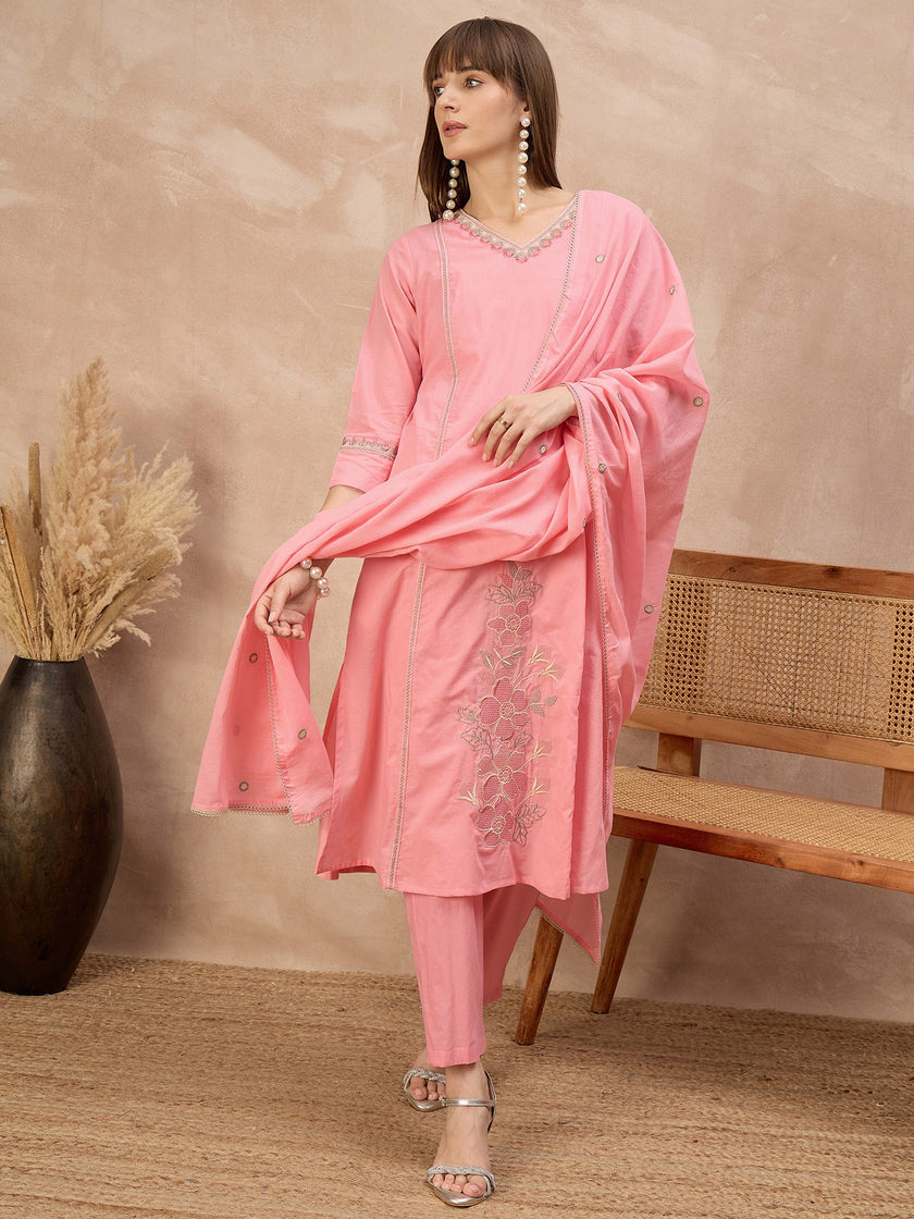 Pink Pure Cotton Floral Embroidered A-Line Kurta Trouser With Dupatta