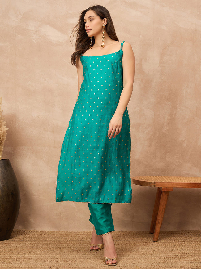 Teal Silk Blend Printed A-Line Kurta Trouser