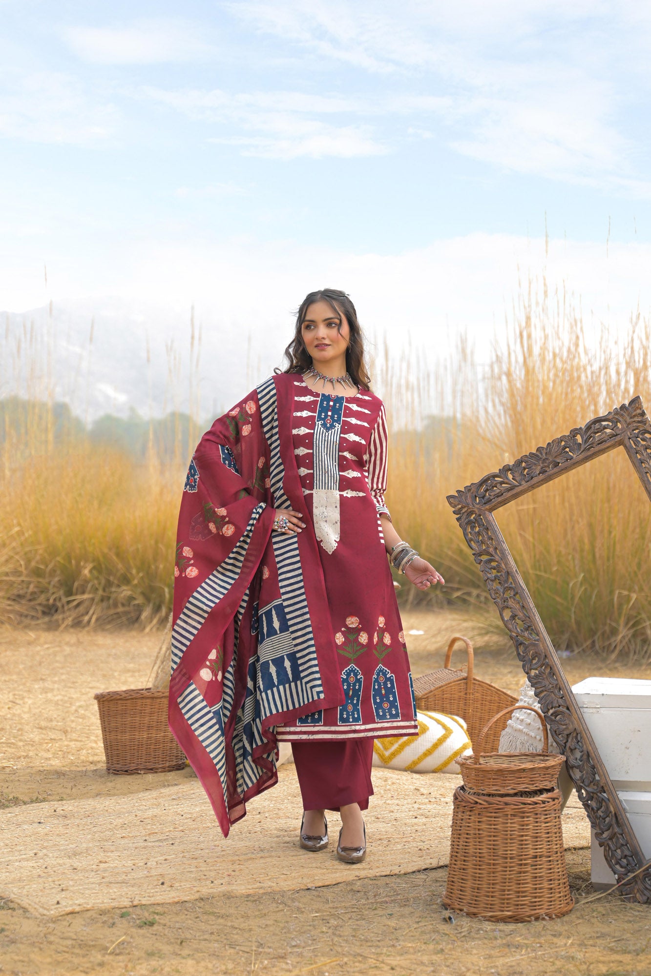Red Pure Cotton Ajrakh Printed A-Line Kurta Trouser With Dupatta
