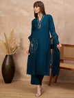 Blue Pure Cotton Floral Embroidered A-Line Kurta Trouser With Dupatta
