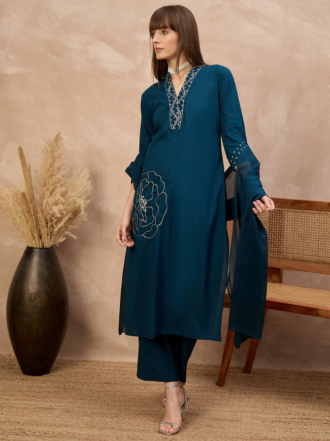 Blue Pure Cotton Floral Embroidered A-Line Kurta Trouser With Dupatta