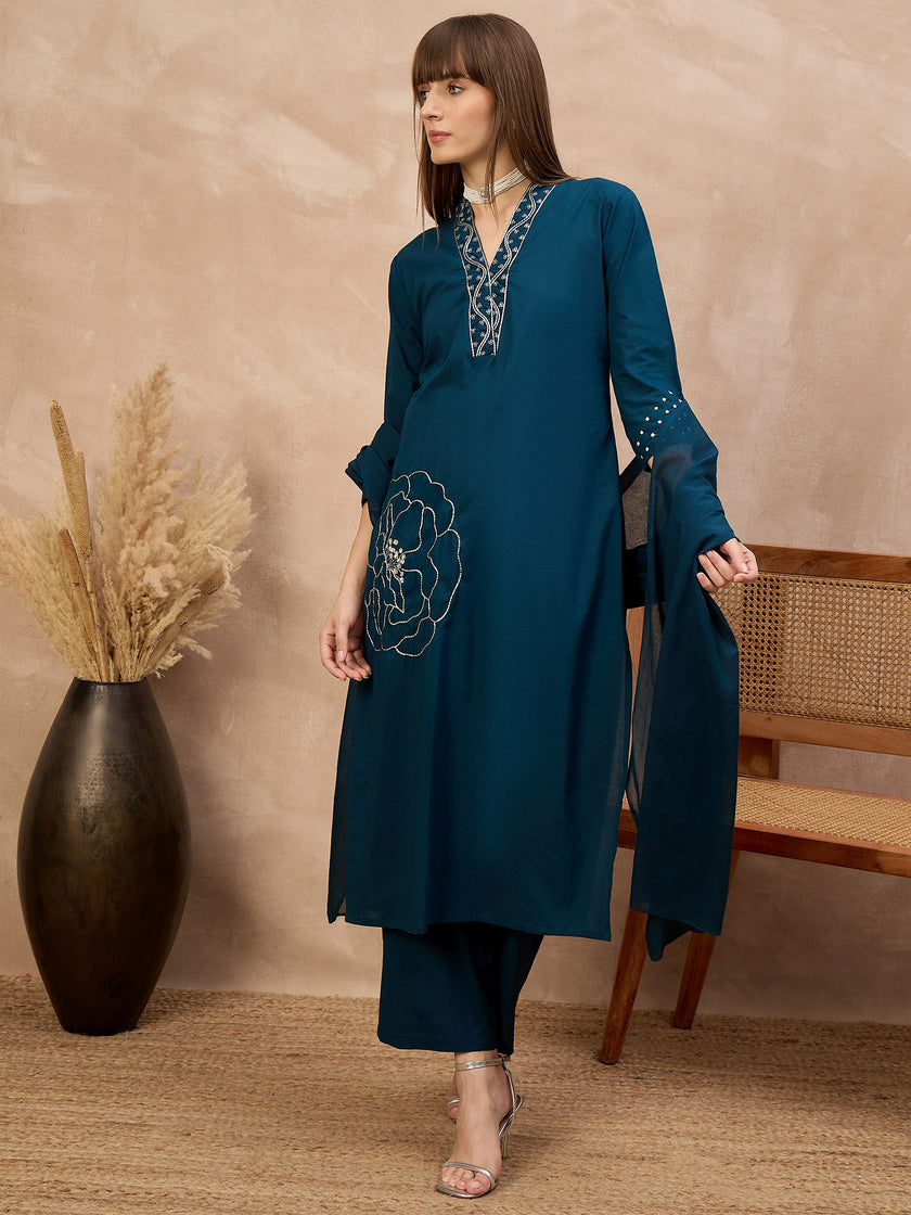 Blue Pure Cotton Floral Embroidered A-Line Kurta Trouser With Dupatta