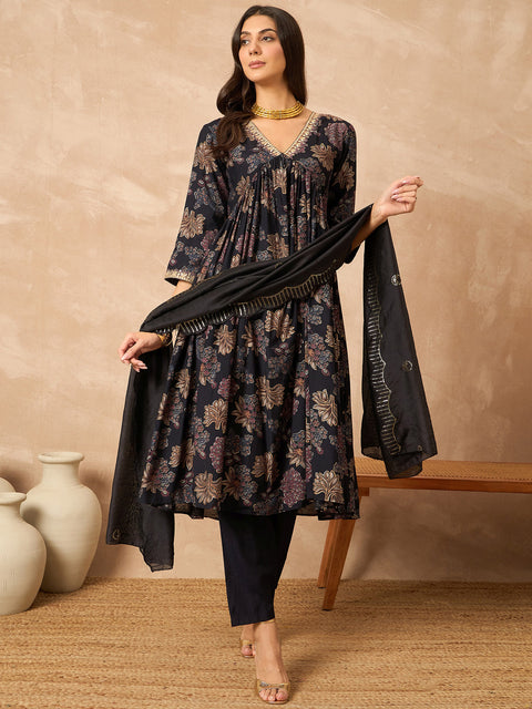 Black Cotton Blend Printed Anarkali Kurta Trouser With Dupatta
