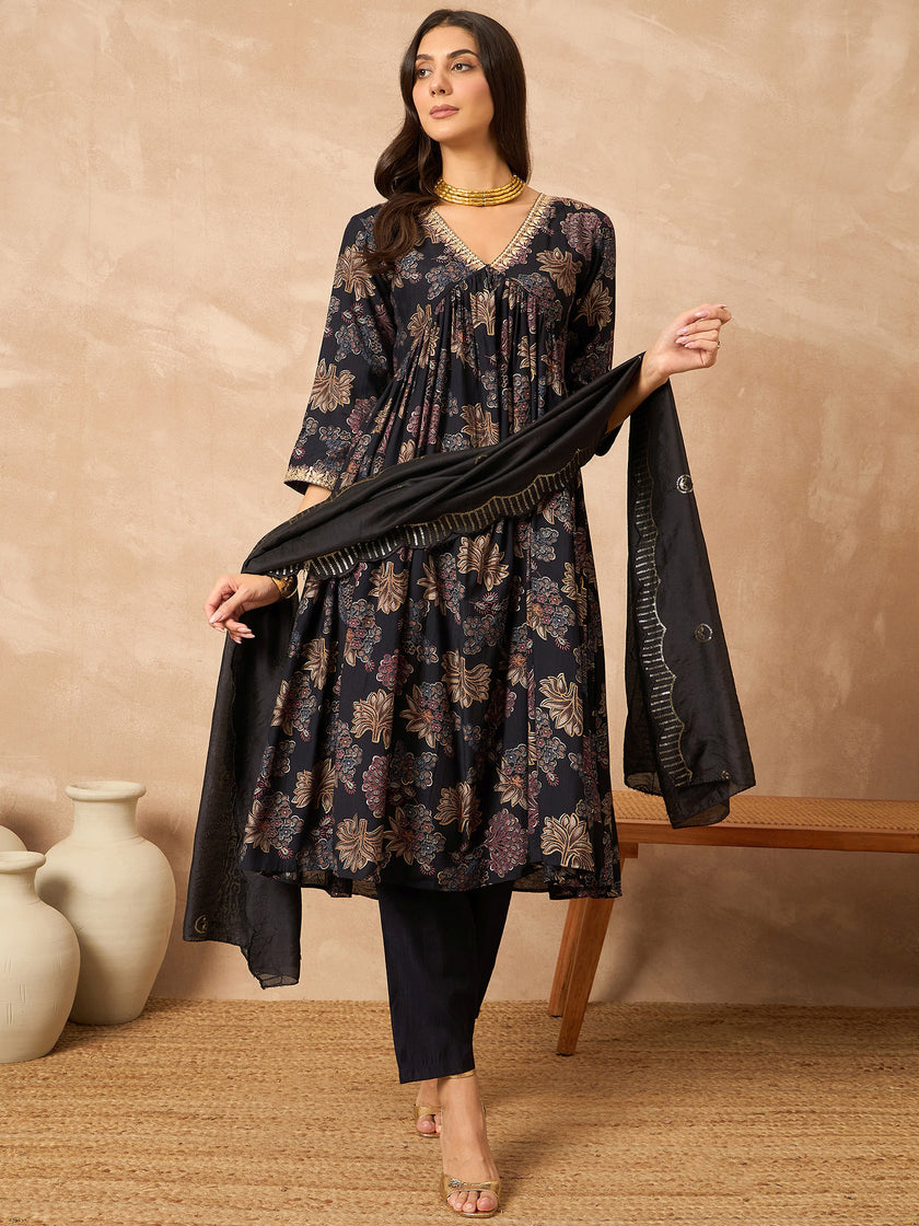 Black Cotton Blend Printed Anarkali Kurta Trouser With Dupatta