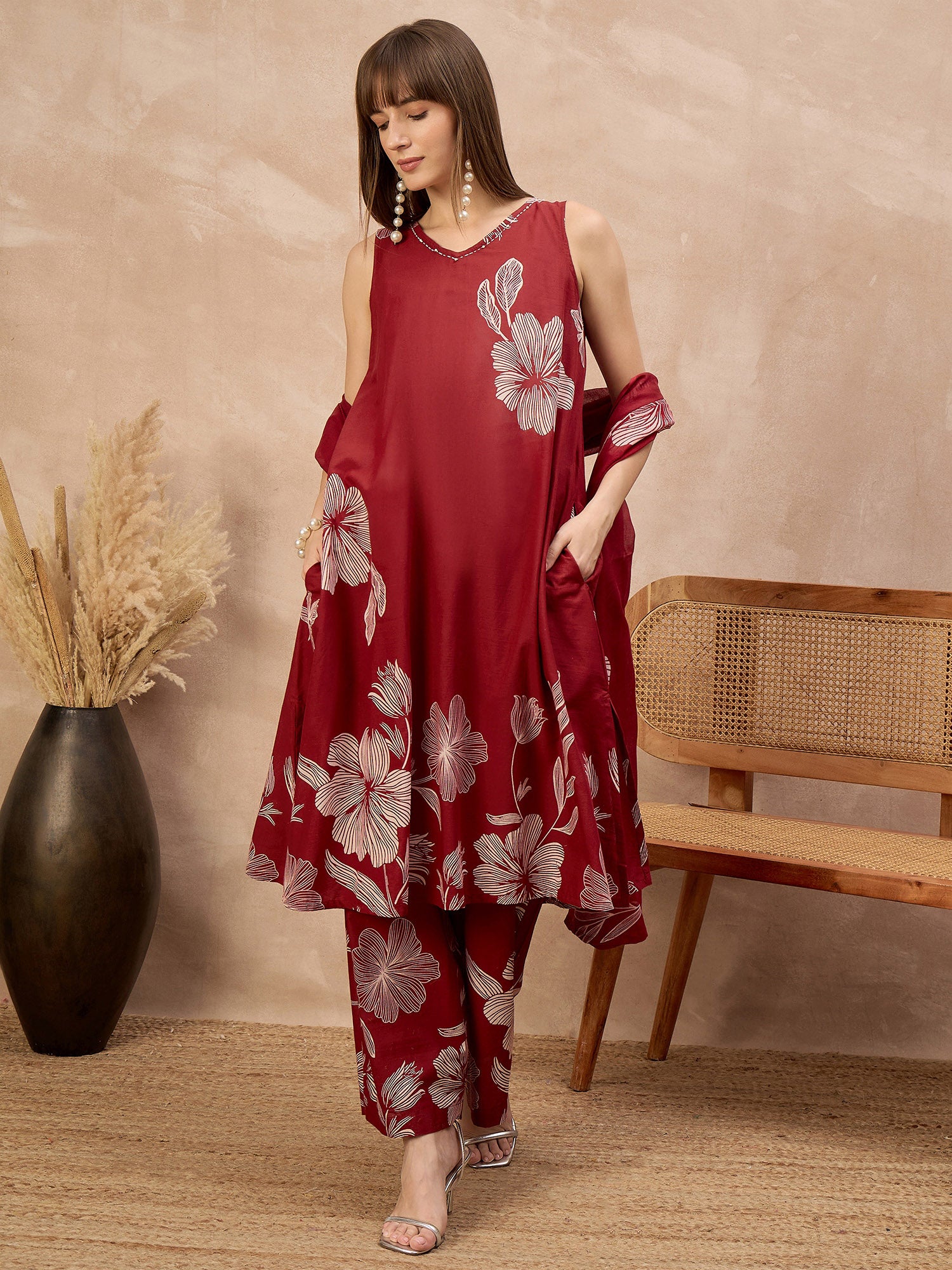 Maroon Pure Cotton Floral Printed A-Line Sleeveless Kurta Trouser With Printed Dupatta