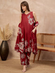 Maroon Pure Cotton Floral Printed A-Line Sleeveless Kurta Trouser With Printed Dupatta