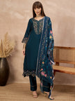 Blue Pure Cotton Beads & Stone Embroidered With Buttons A-Line Kurta Trouser With Printed Dupatta
