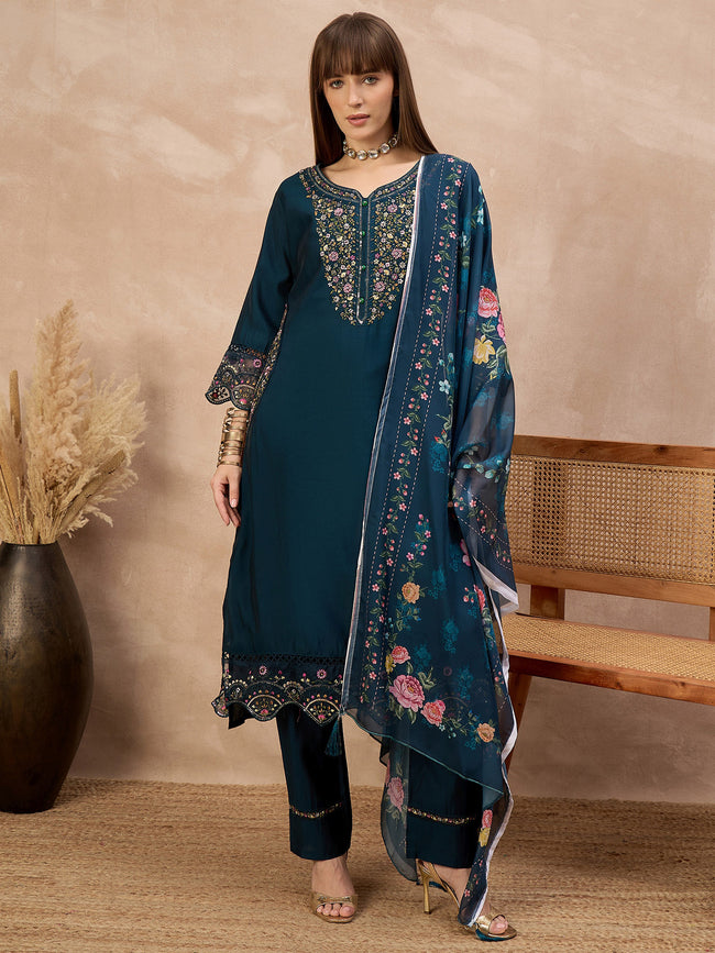 Blue Pure Cotton Beads & Stone Embroidered With Buttons A-Line Kurta Trouser With Printed Dupatta
