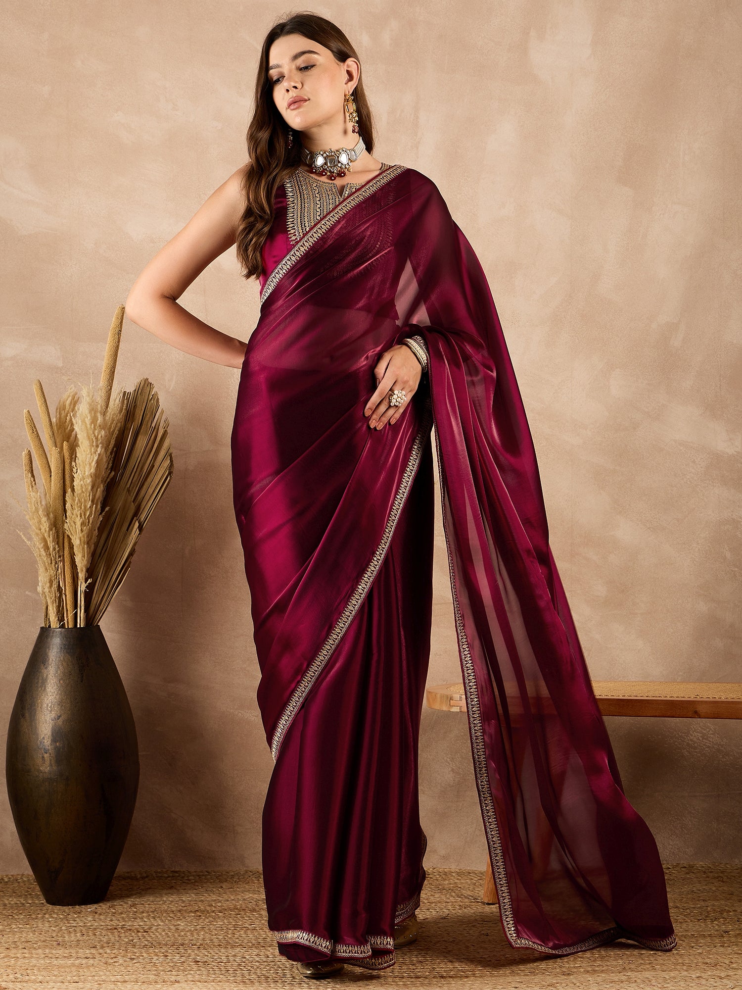 Maroon Satin Solid With Sequenced Lace Saree with Unstitched Fancy Blouse