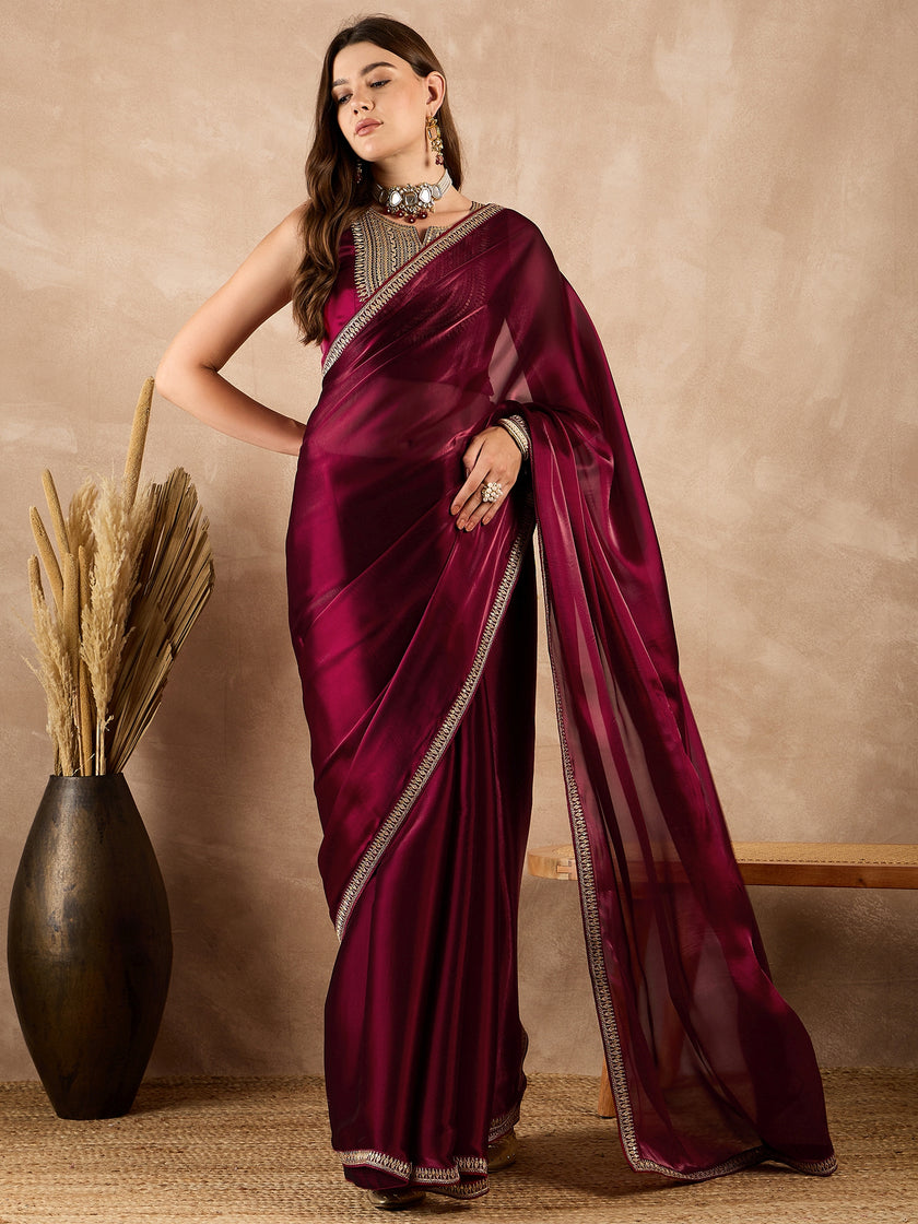 Maroon Satin Solid With Sequenced Lace Saree with Unstitched Fancy Blouse