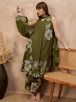 Olive Pure Cotton Floral Printed A-Line Kurta Trouser With Printed Dupatta