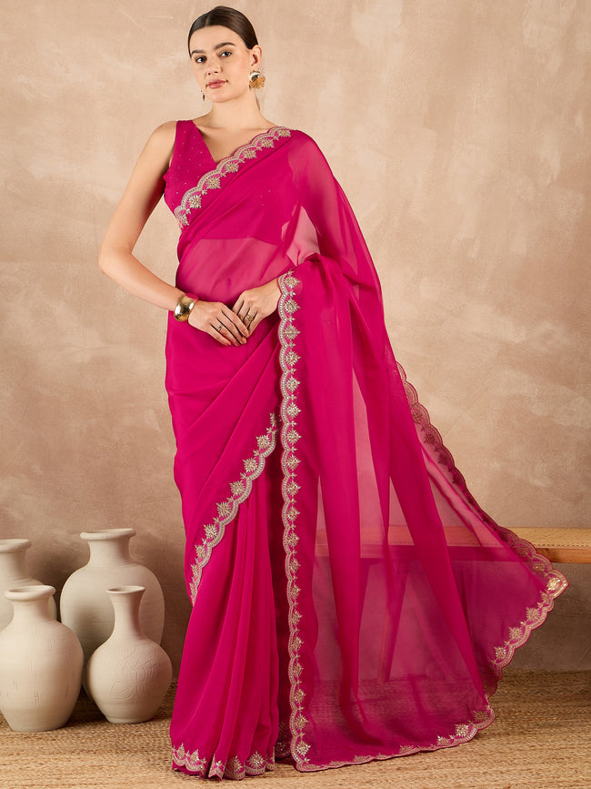 Rose Organza Solid With Embroidered Border Saree with Unstitched Fancy Blouse