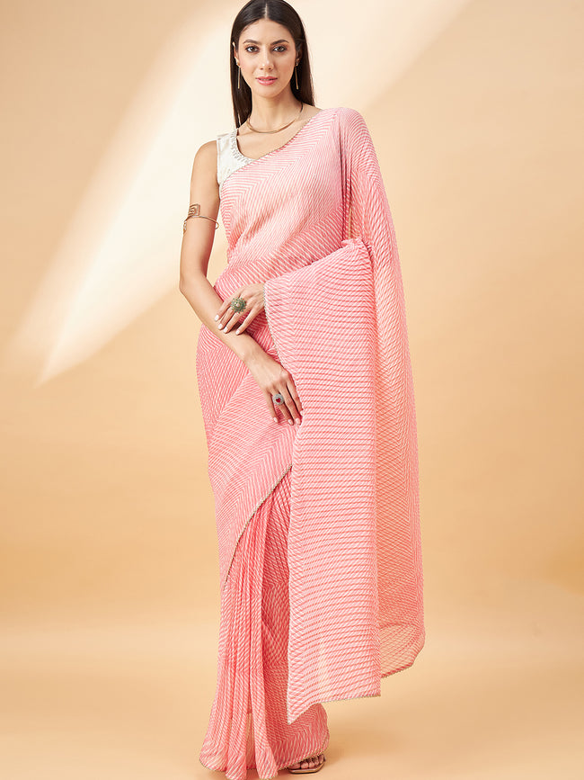 Baby Pink Pure Chiffon Zigzag Pleated Crush Print With Embellished Lace Saree with Unstitched Fancy Blouse