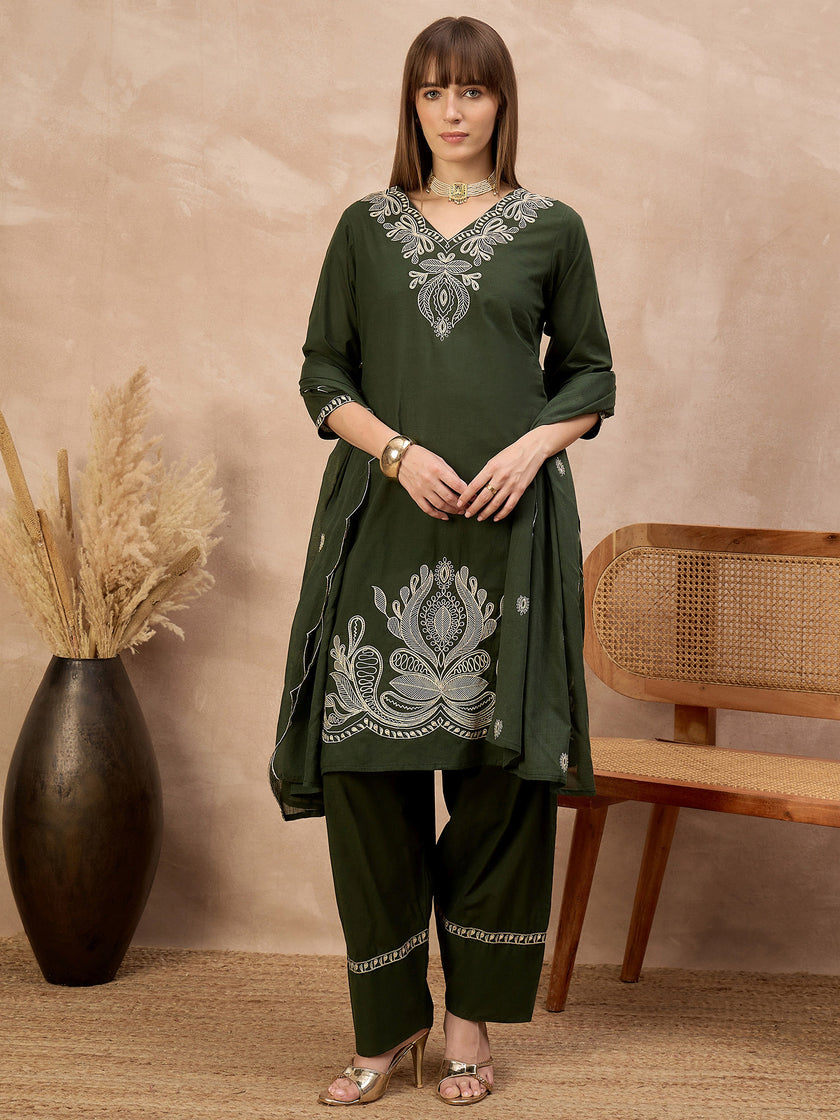 Green Pure Cotton Embroidered A-Line Kurta Trouser With Embroidered Dupatta