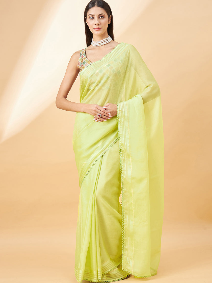 Lime Green Pure Chiffon Solid with Embllished Border Saree with Unstitched Fancy Blouse