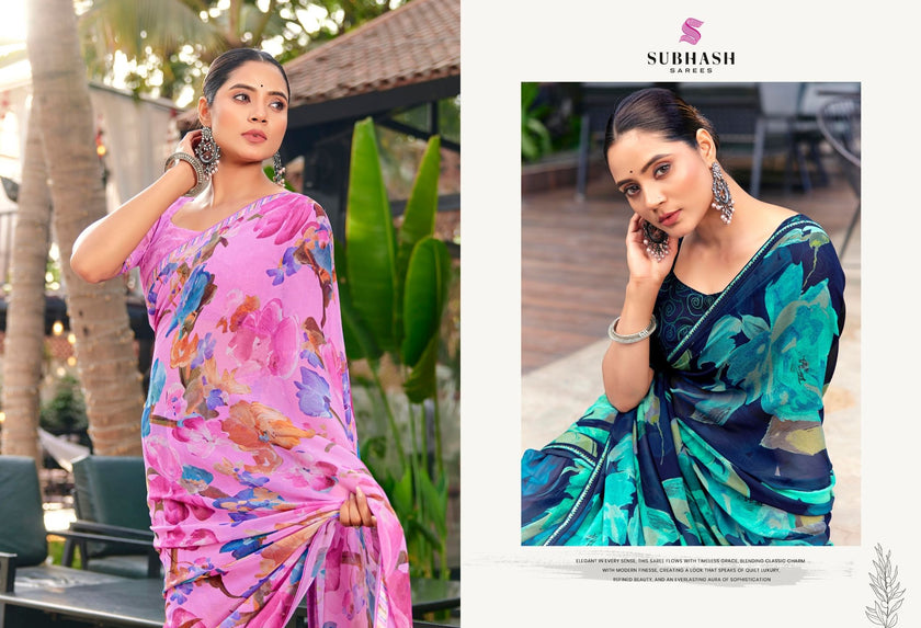 Kalyani-4 : Soft Georgette With Piping Border Floral Printed Saree with Printed Blouse
