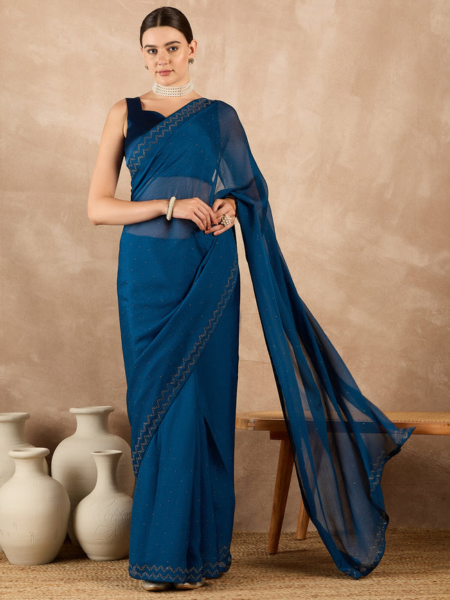 Rama Blue Pure Chiffon Stone Work With Stone Work Border Saree with Unstitched Fancy Blouse