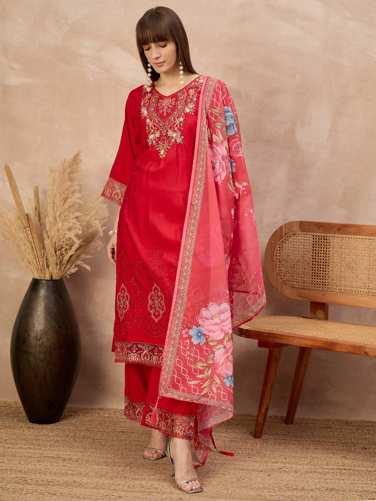 Red Pure Cotton Beads & Stone Embroidered A-Line Kurta Trouser With Printed Dupatta
