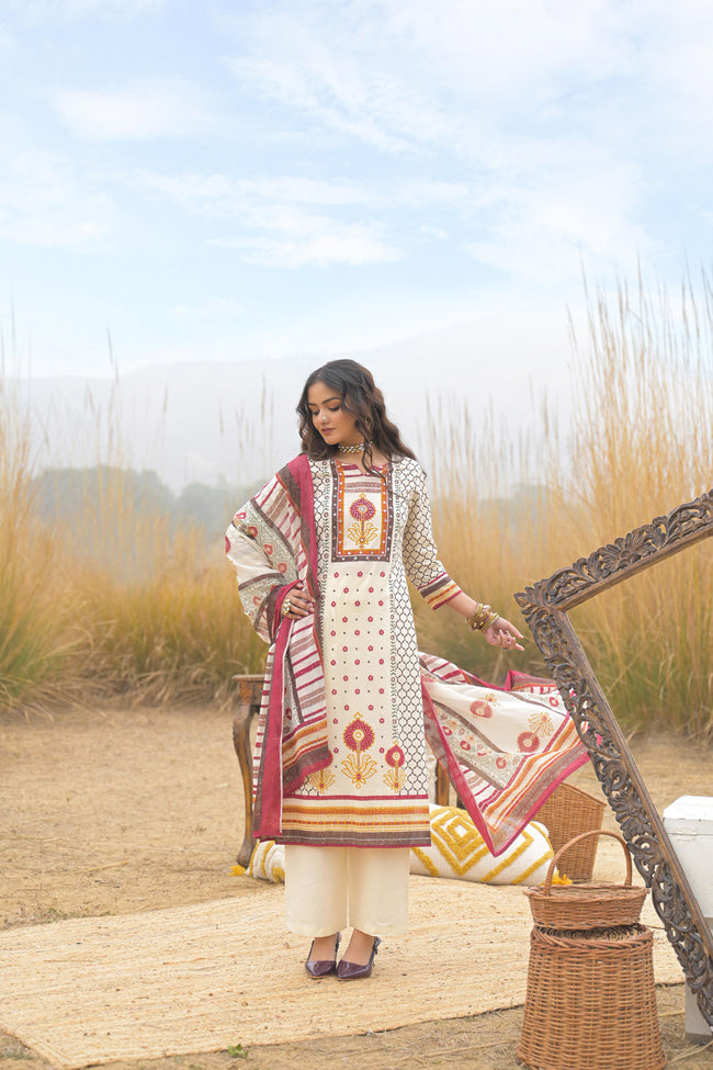 Multi Pure Cotton Ajrakh Printed A-Line Kurta Trouser With Dupatta