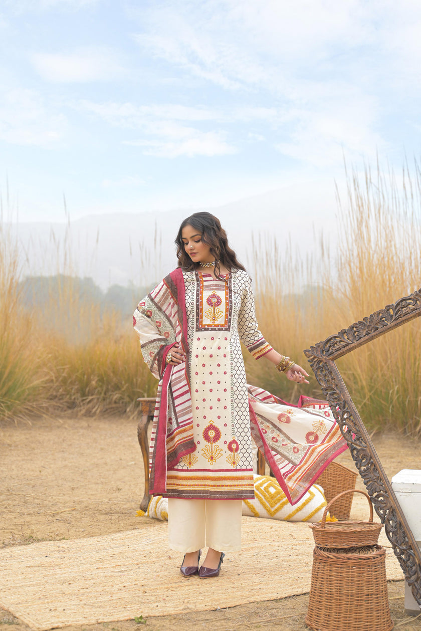 Multi Pure Cotton Ajrakh Printed A-Line Kurta Trouser With Dupatta
