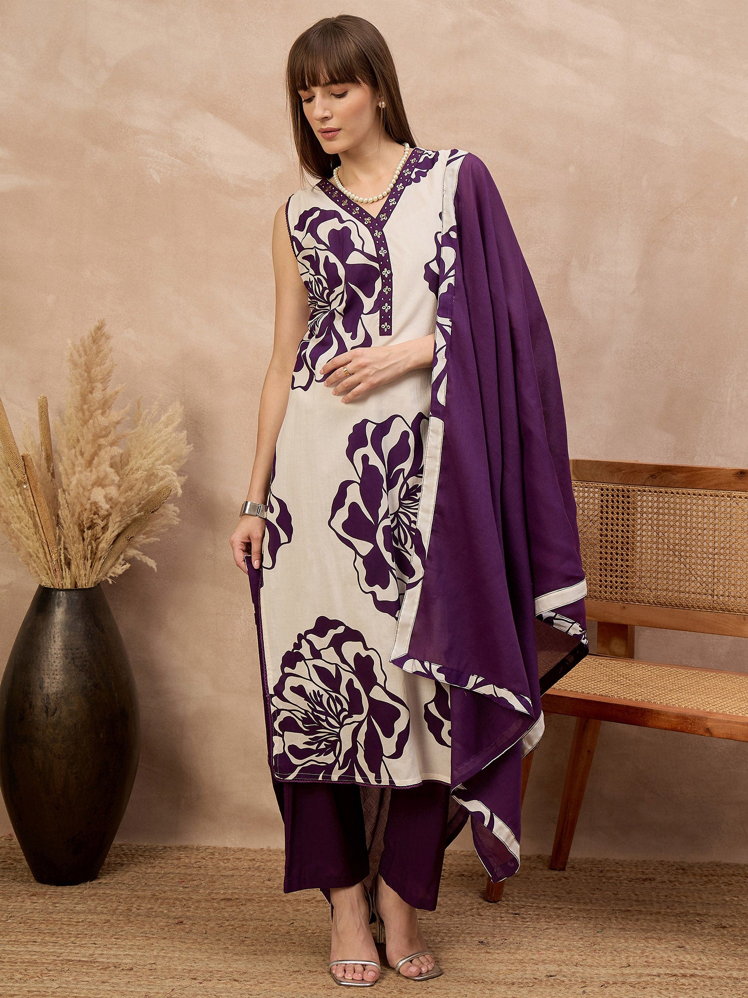 Purple Pure Floral Cotton Printed A-Line Sleeveless Kurta Trouser With Dupatta
