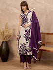 Purple Pure Floral Cotton Printed A-Line Sleeveless Kurta Trouser With Dupatta