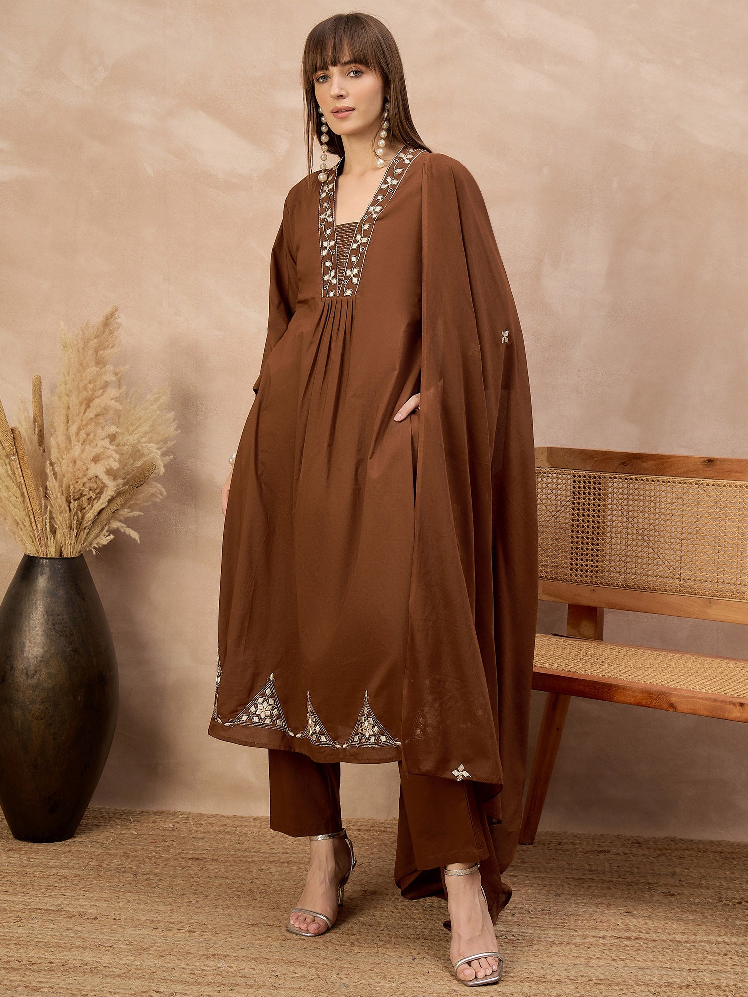 Brown Pure Cotton Geometric Embroidered A-Line Kurta Trouser With Dupatta