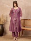 Purple Pure Cotton Solid A-Line Kurta Trouser With Floral & Mirror Embroidered Shrug