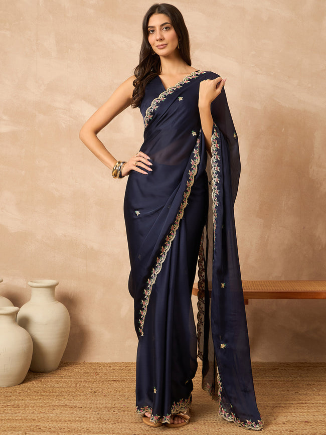 Blue Poly Chiffon Solid With Embroidered Border Saree with Unstitched Blouse