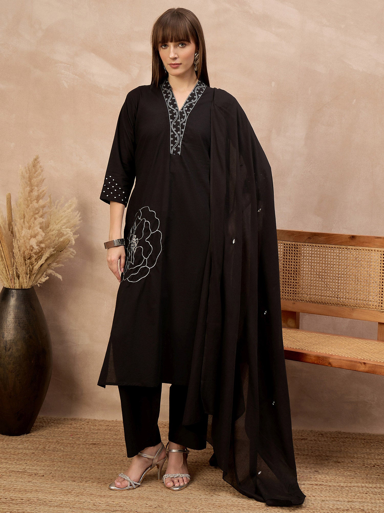 Black Pure Cotton Floral Embroidered A-Line Kurta Trouser With Dupatta