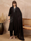 Black Pure Cotton Floral Embroidered A-Line Kurta Trouser With Dupatta