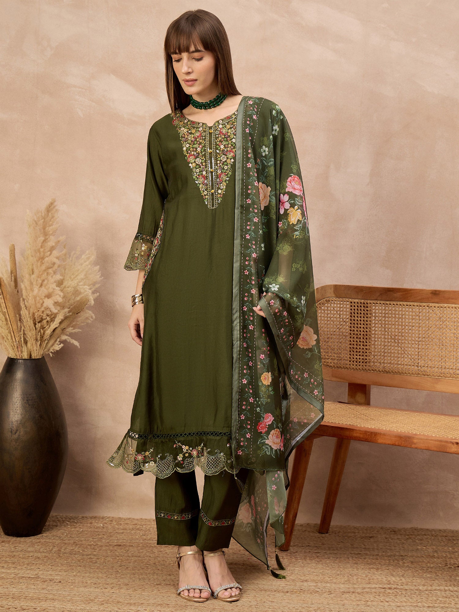 Green Pure Cotton Beads & Stone Embroidered With Buttons A-Line Kurta Trouser With Printed Dupatta