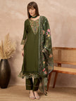 Green Pure Cotton Beads & Stone Embroidered With Buttons A-Line Kurta Trouser With Printed Dupatta
