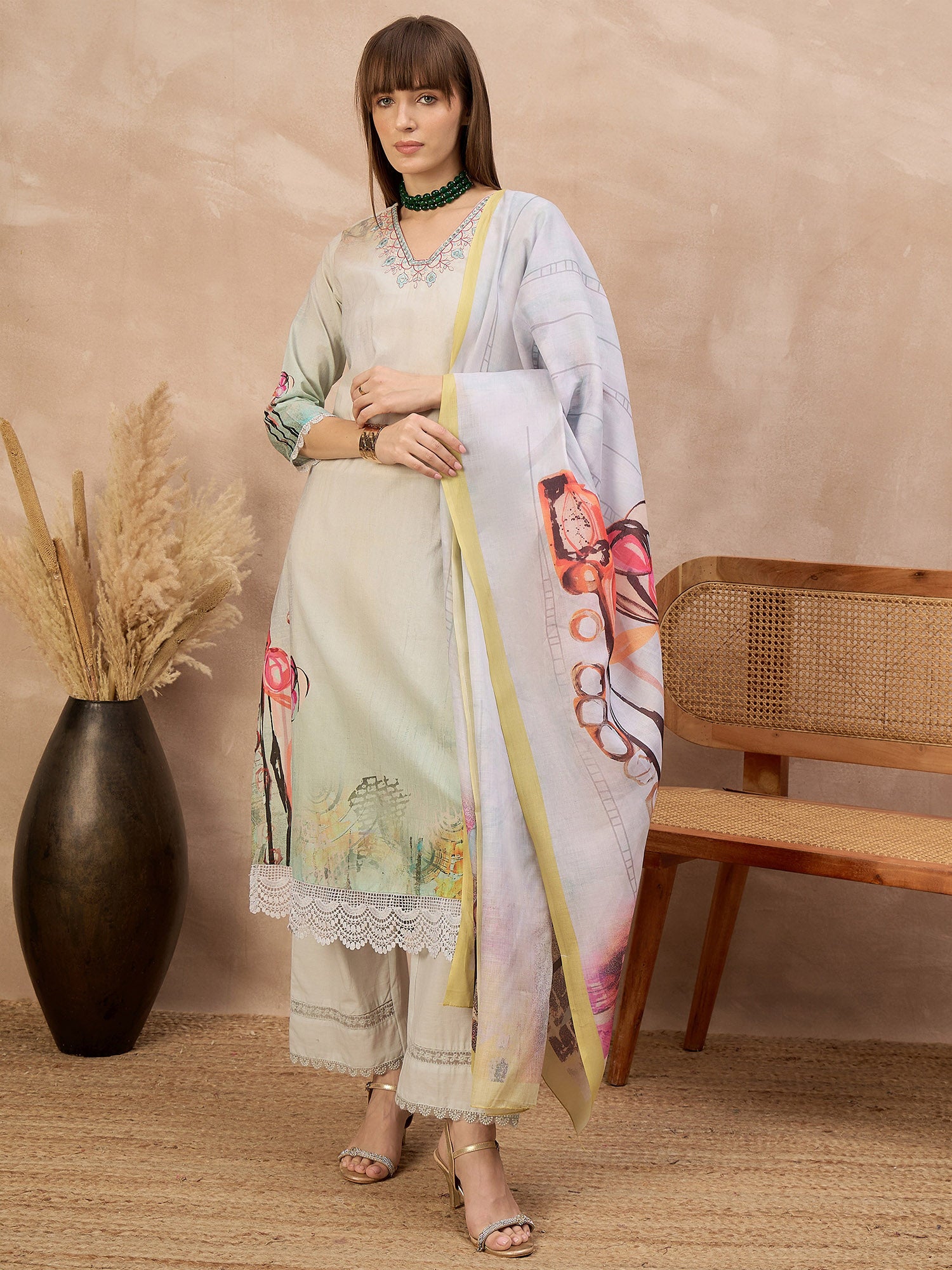 Multi Pure Cotton Digital Printed A-Line Kurta Trouser With Printed Dupatta