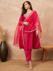 Rose Chanderi Silk Solid A-Line Kurta Trouser with Dupatta