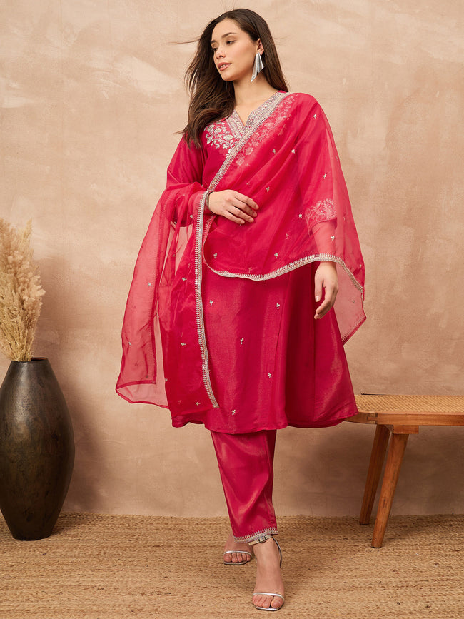 Rose Chanderi Silk Solid A-Line Kurta Trouser with Dupatta