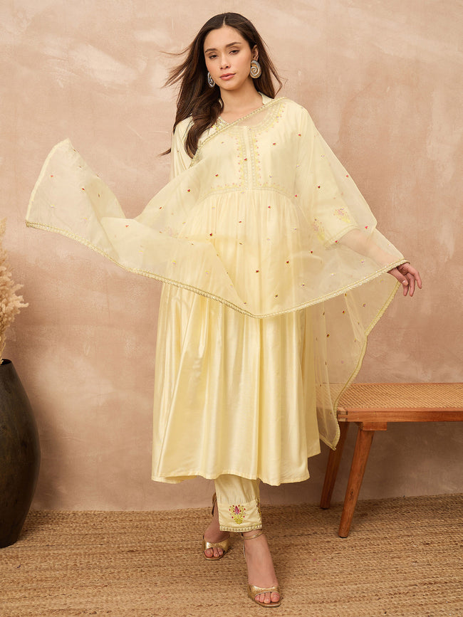 Cream Satin Solid A-Line Kurta Trouser with Dupatta