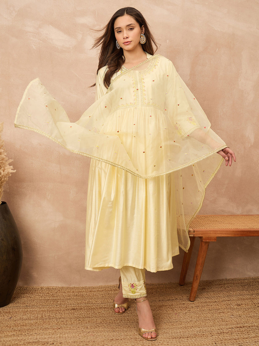 Cream Satin Solid A-Line Kurta Trouser with Dupatta
