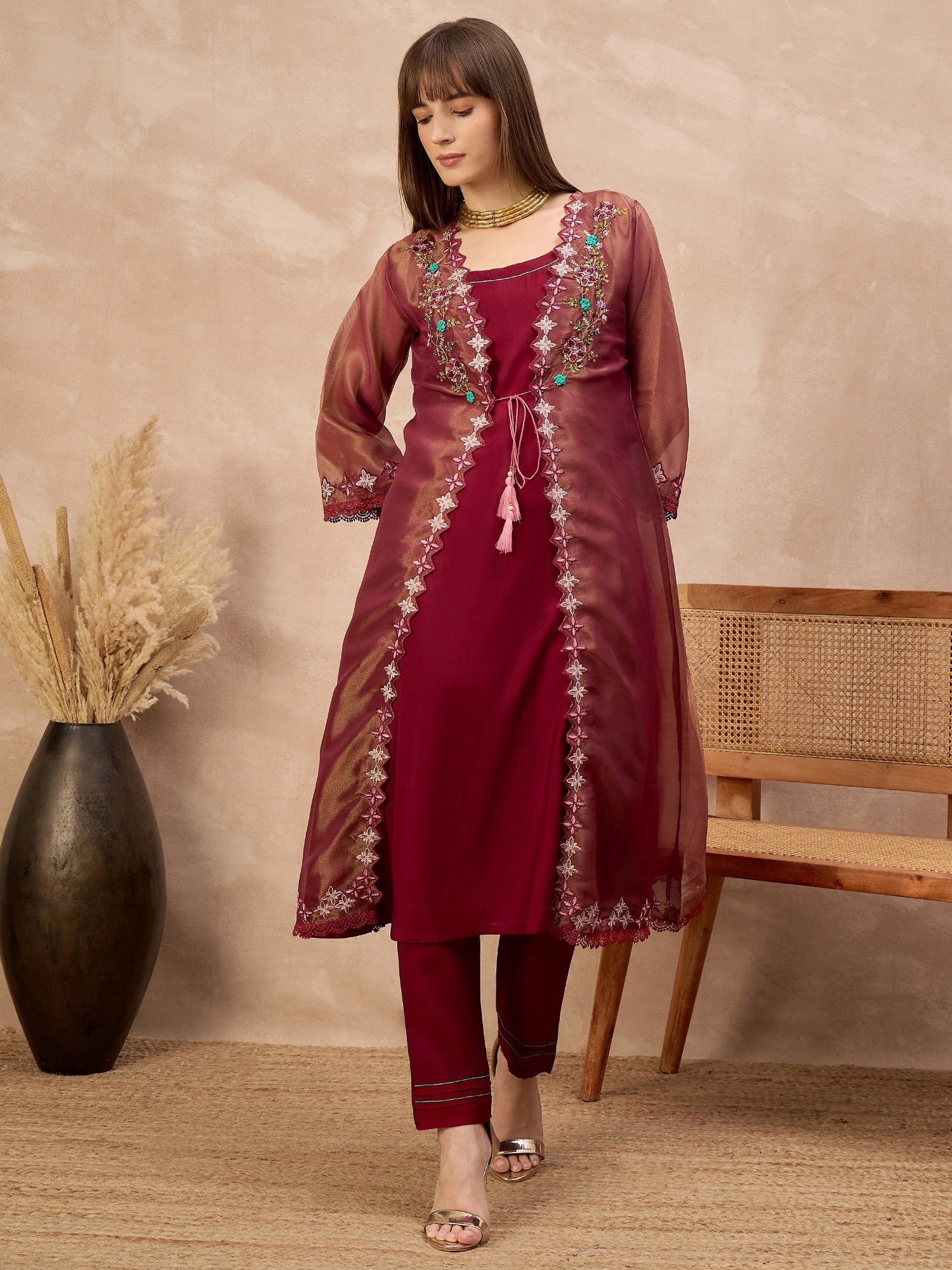 Maroon Pure Cotton Solid A-Line Kurta Trouser With Floral & Mirror Embroidered Shrug