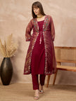 Maroon Pure Cotton Solid A-Line Kurta Trouser With Floral & Mirror Embroidered Shrug