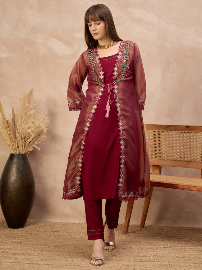 Maroon Pure Cotton Solid A-Line Kurta Trouser With Floral & Mirror Embroidered Shrug