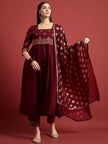 Maroon Chinon Printed A-Line Kurta  Trouser