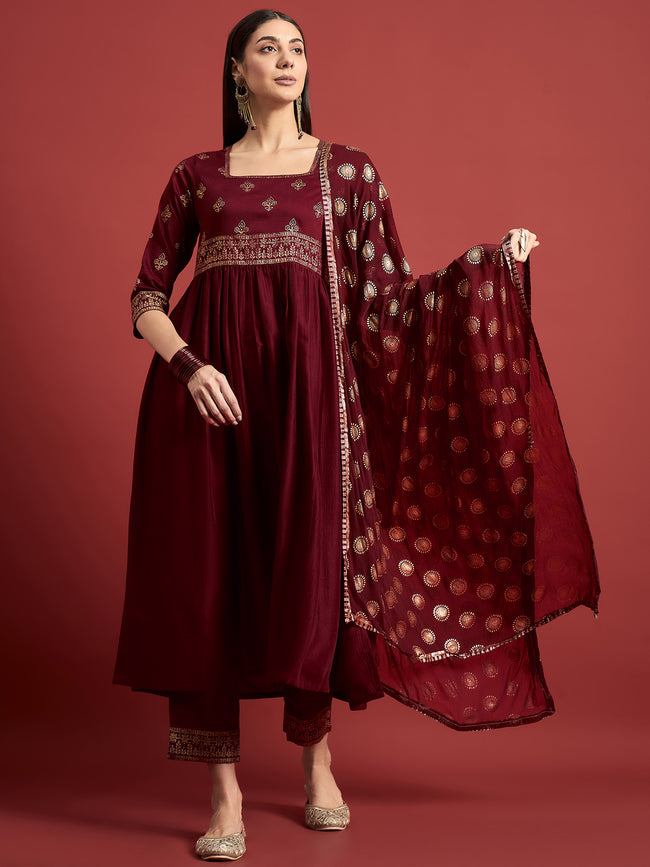 Maroon Chinon Printed A-Line Kurta  Trouser