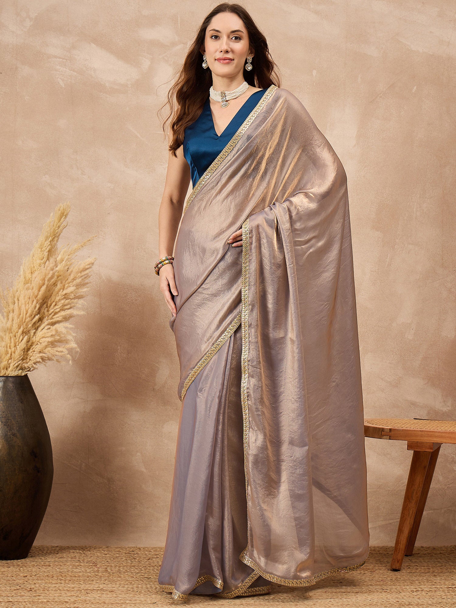 Silver Organza Solid with Gota Lace Saree with Unstitched Blouse