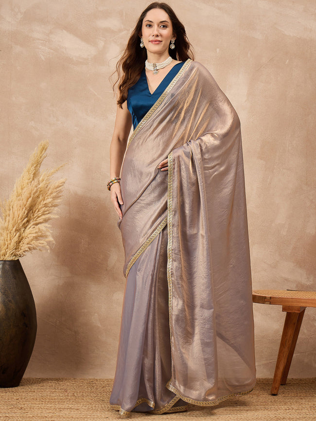 Silver Organza Solid with Gota Lace Saree with Unstitched Blouse